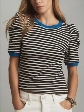 Maeve Black and White Striped Tee with Blue Accents